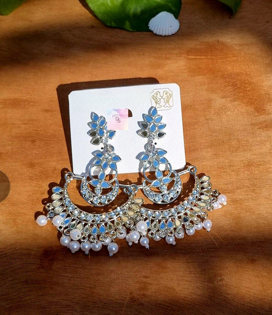 Silver Mirror studded pearl drop earring