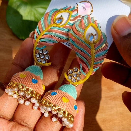 Peacock feather with marble drop earrings