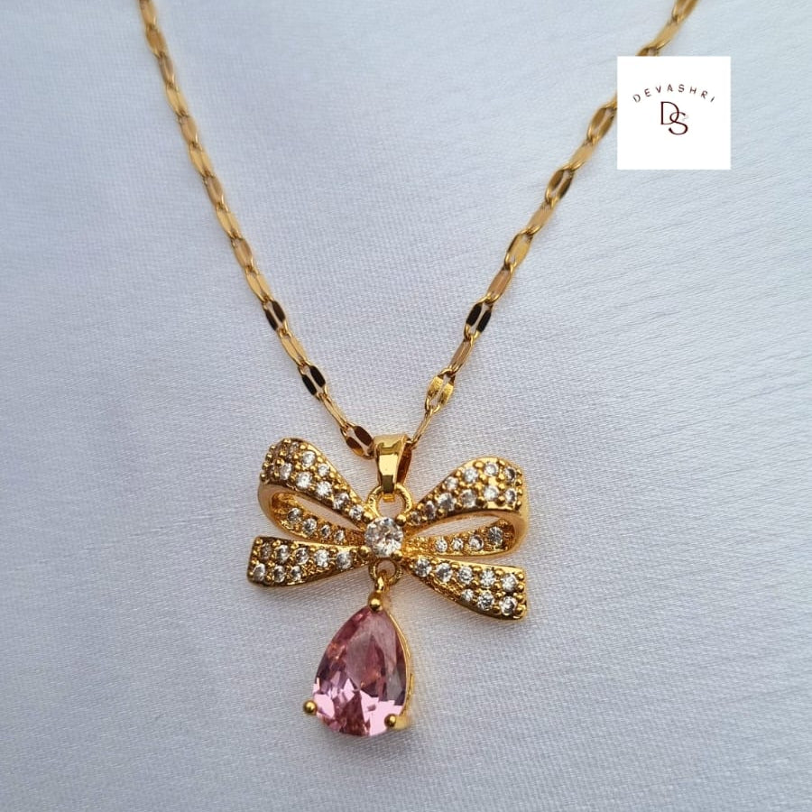 Blush Bow Pink Drop Necklace